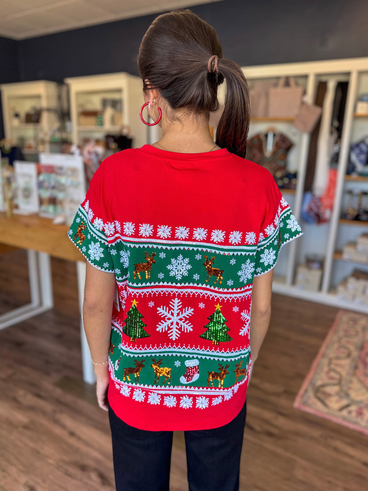 Red And Green Snowflake Stripe Top
