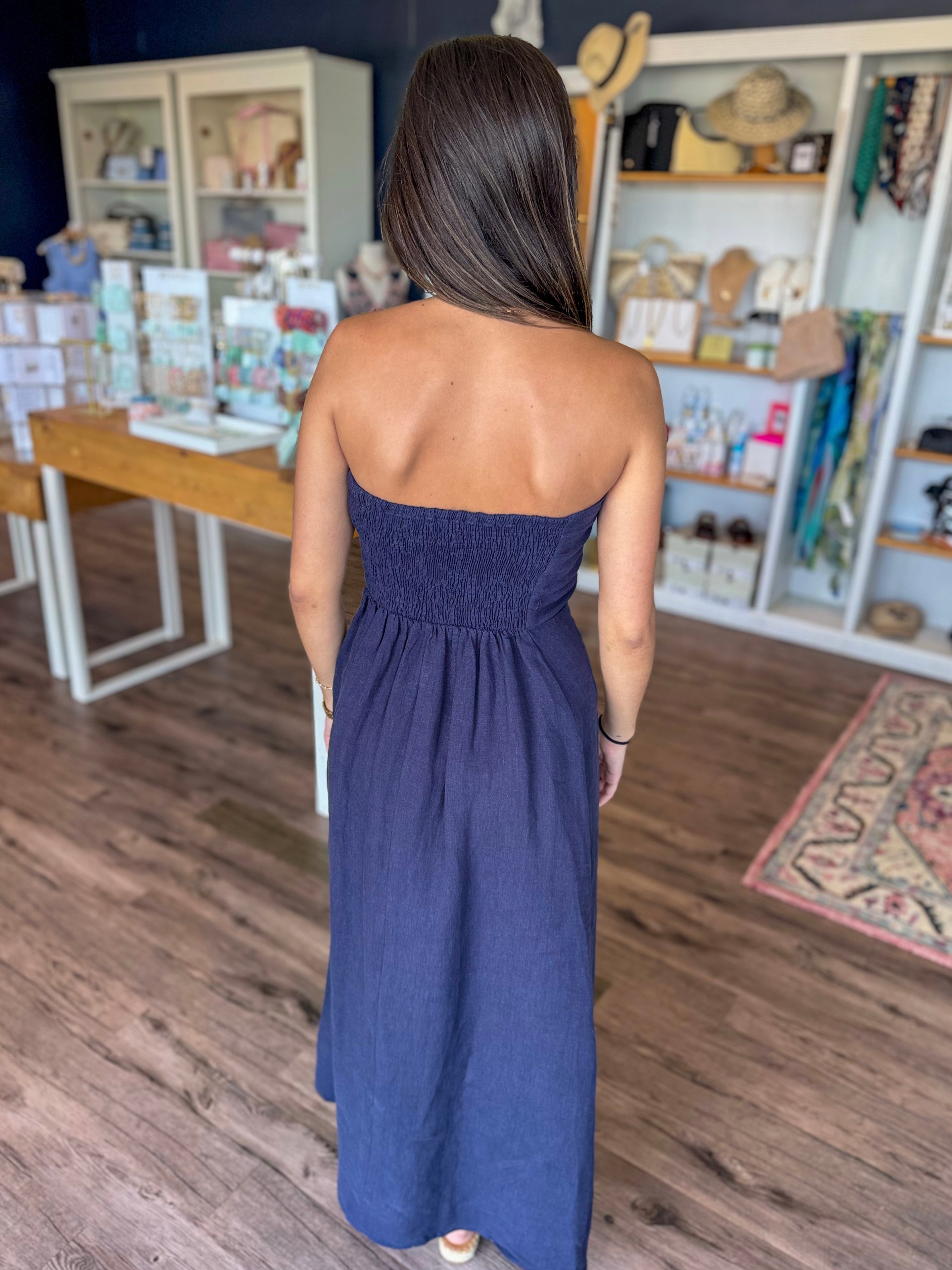 Navy Linen Strapless Dress