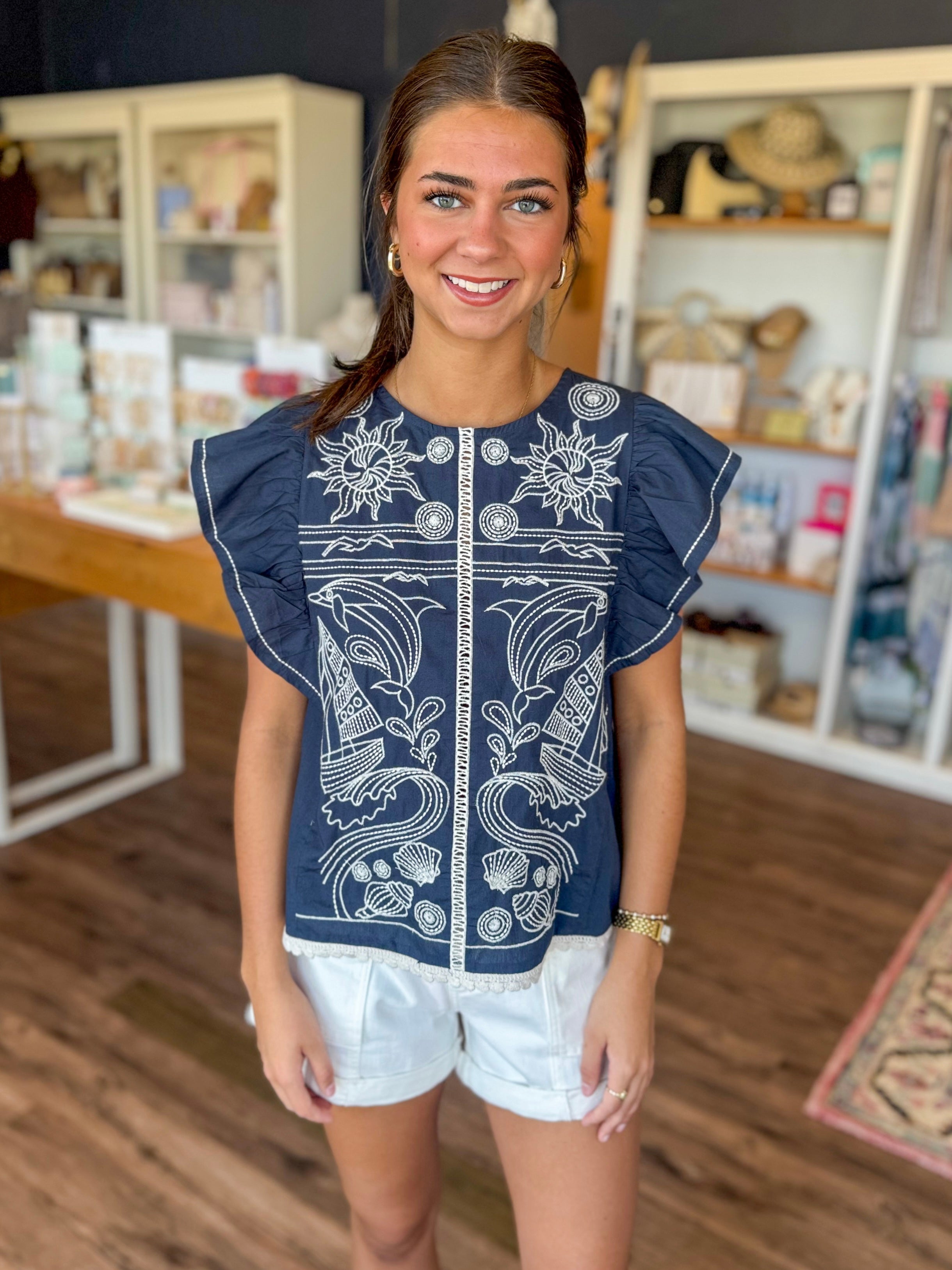 Set Sail Navy EmbroideryTop