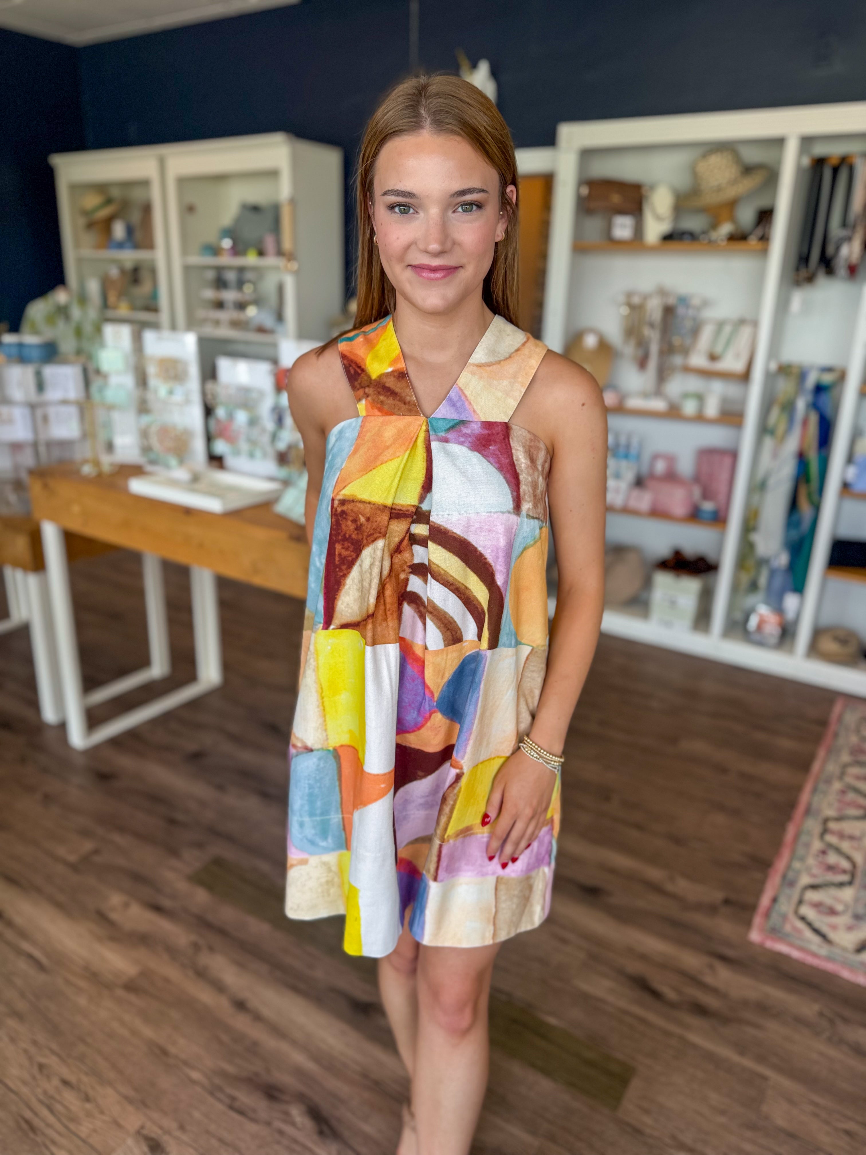 Multi Color V-Strap Flowy Mini Dress
