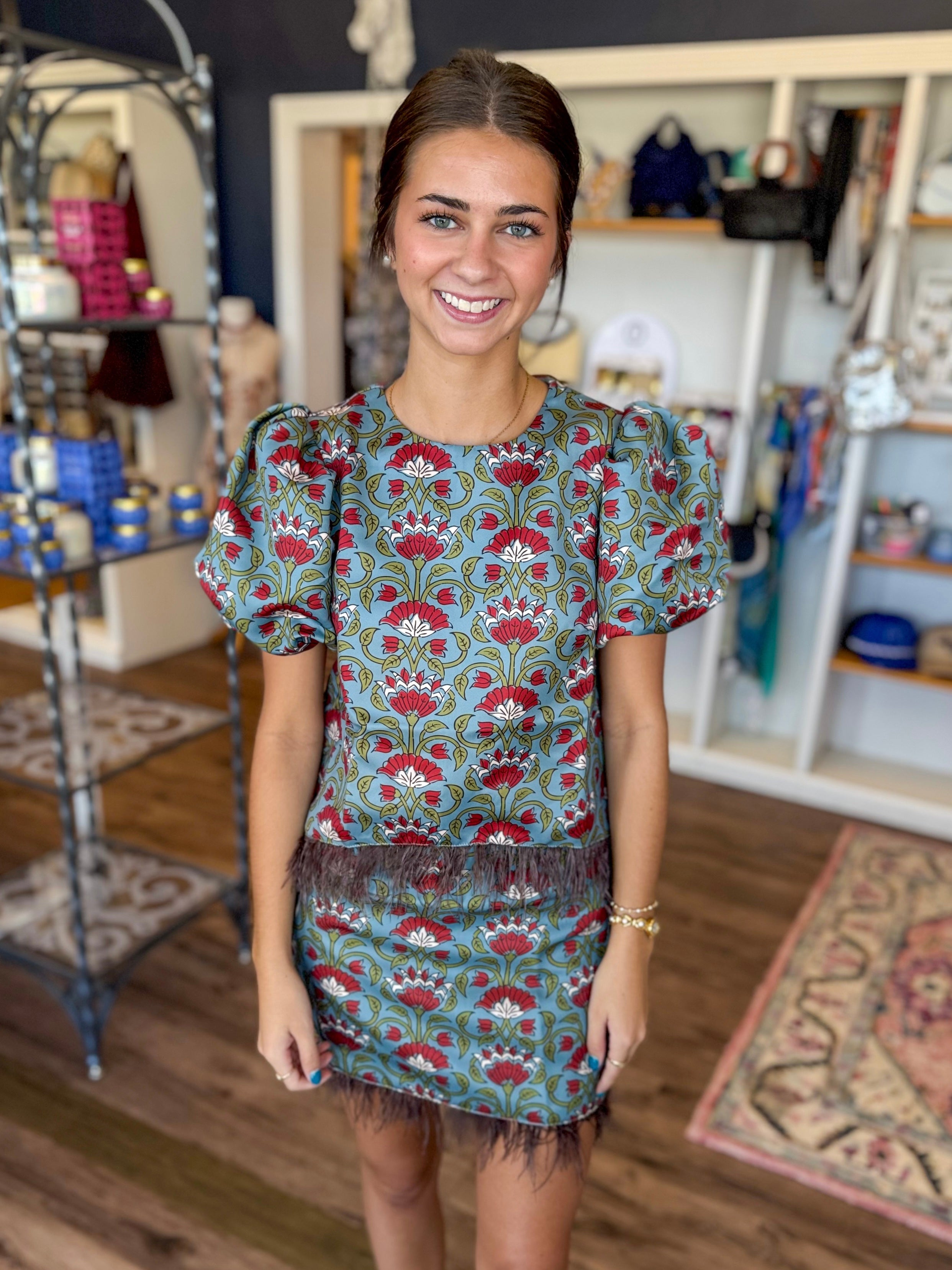 Teal Floral Fringe Top