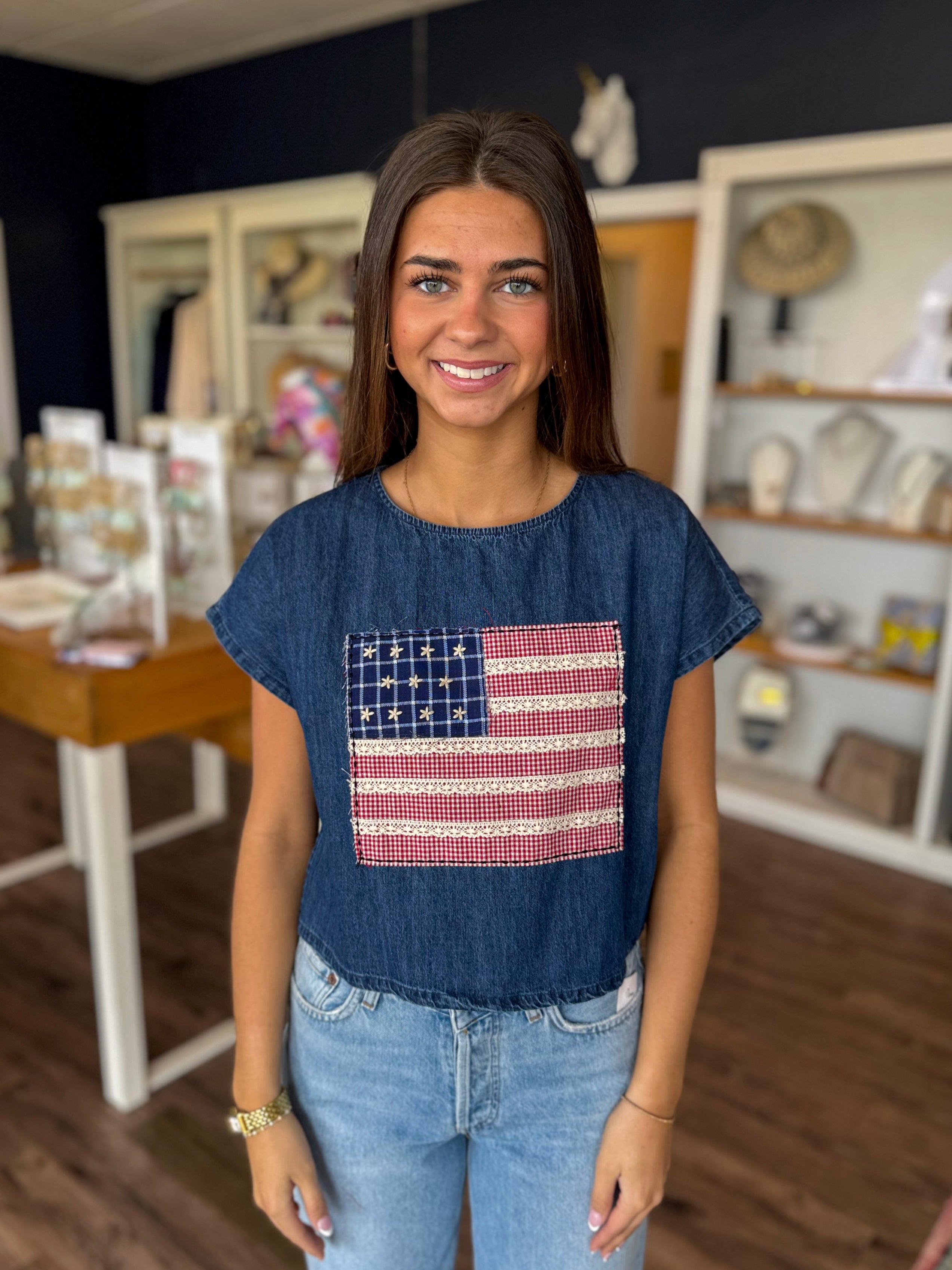 Picnic American Flag Denim Top