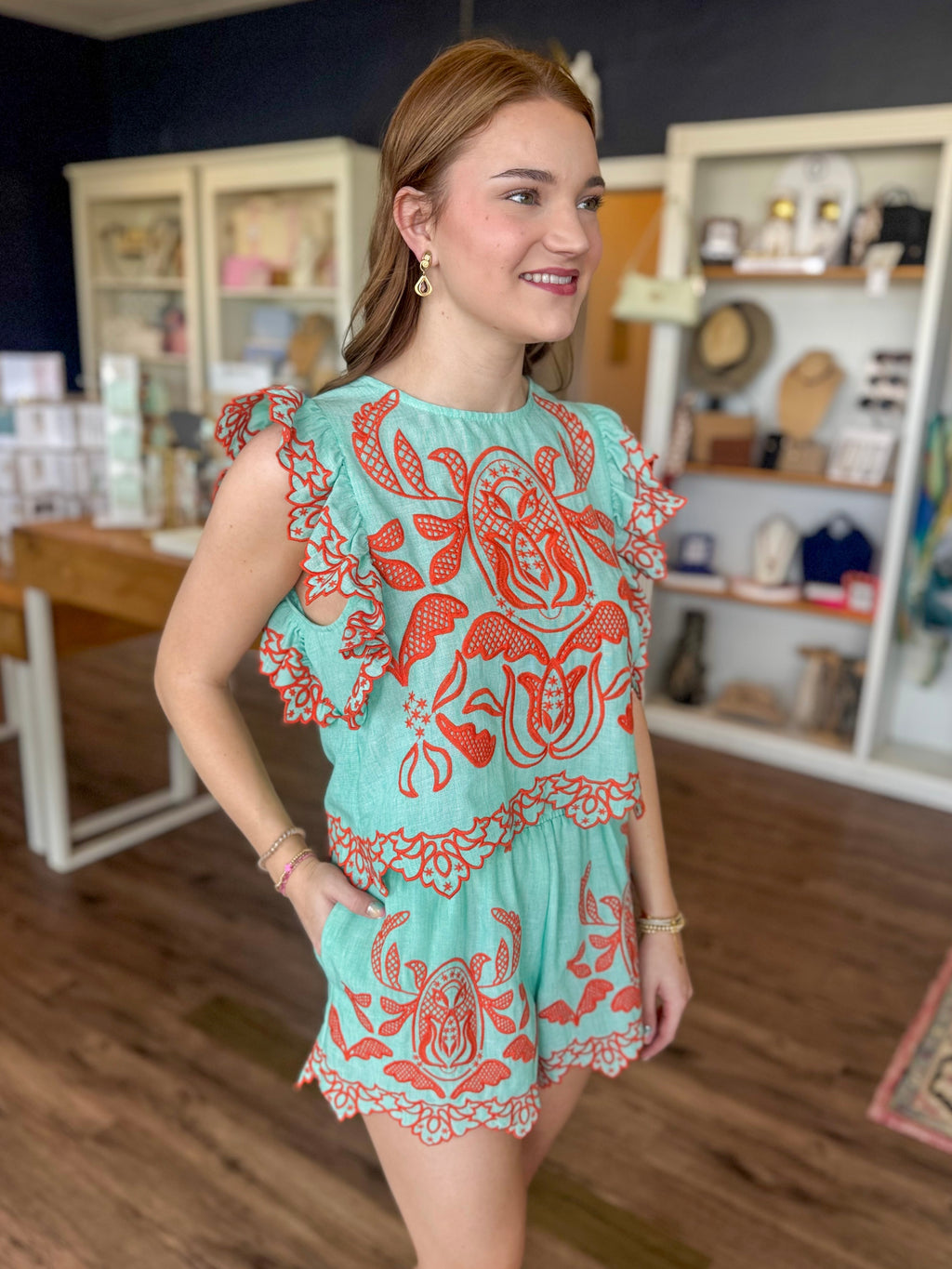 Mint and Orange Embroidered Top