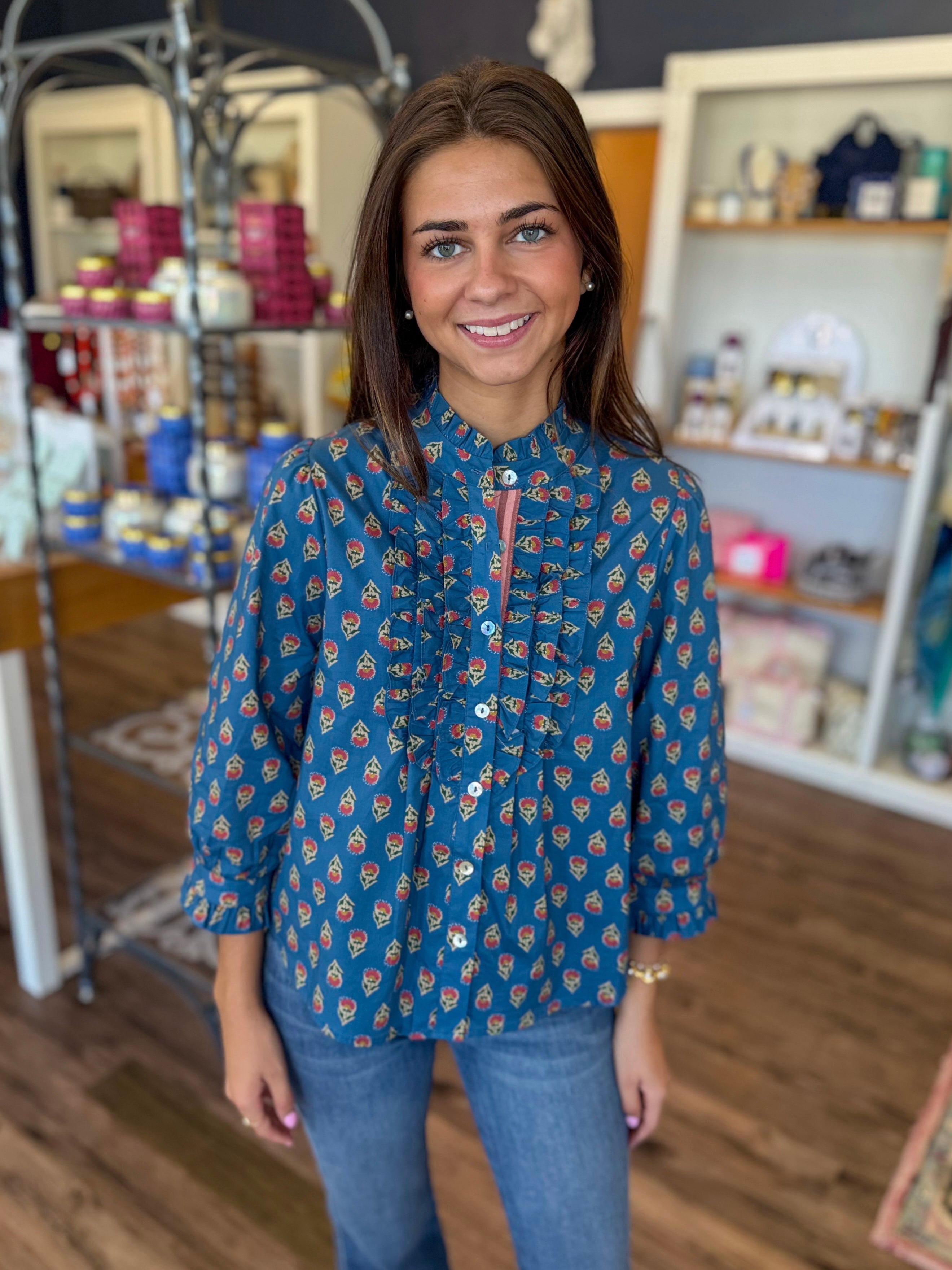 Blue Printed Ruffle Blouse