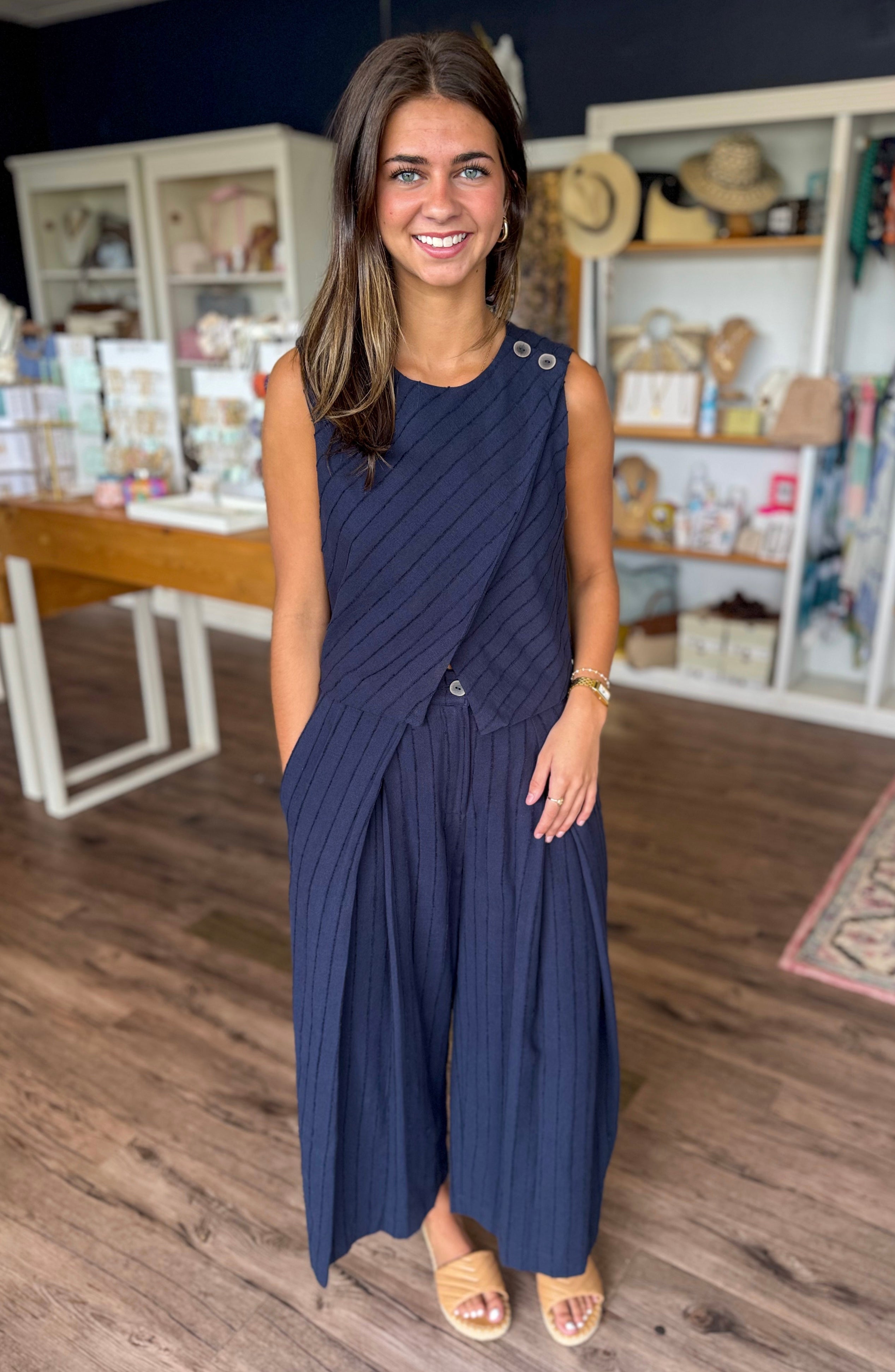 Navy Textured Pleated Trousers