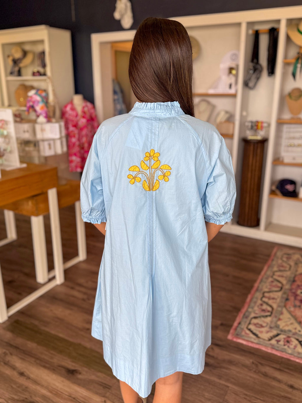 Blue and Gold Blocked Embroidery Dress