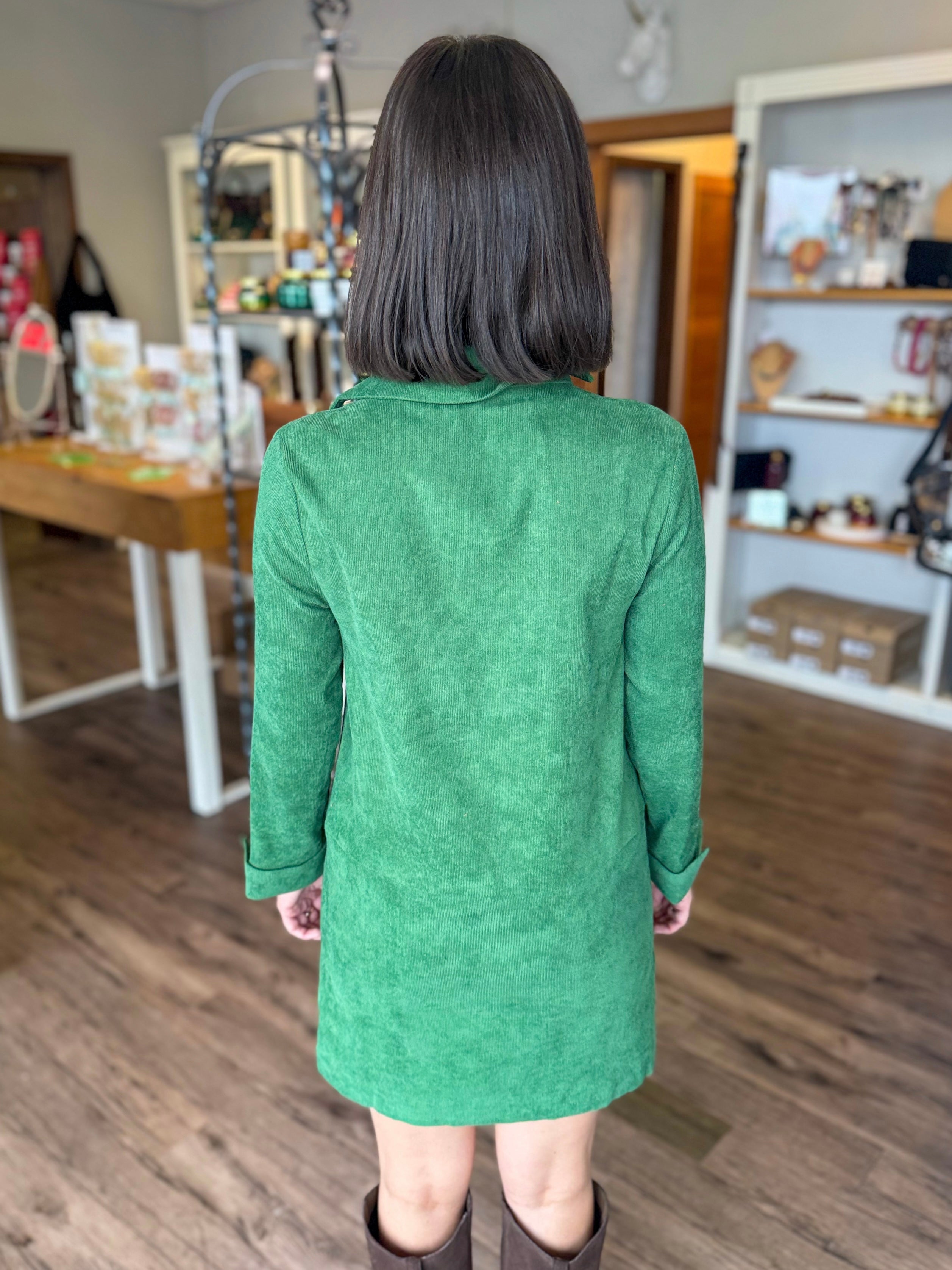 Green Corduroy Pocket Dress