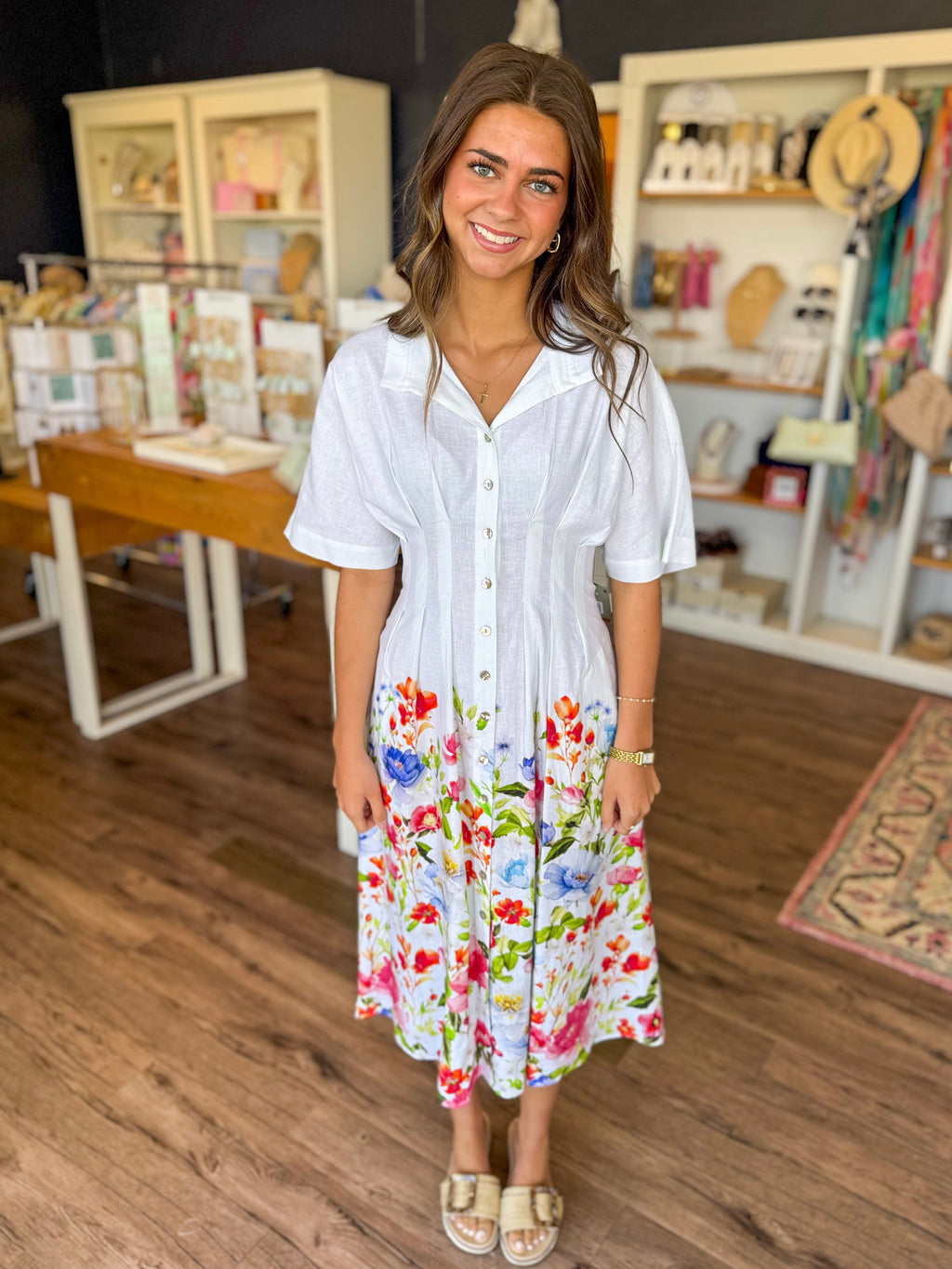 White Linen Floral Garden Dress