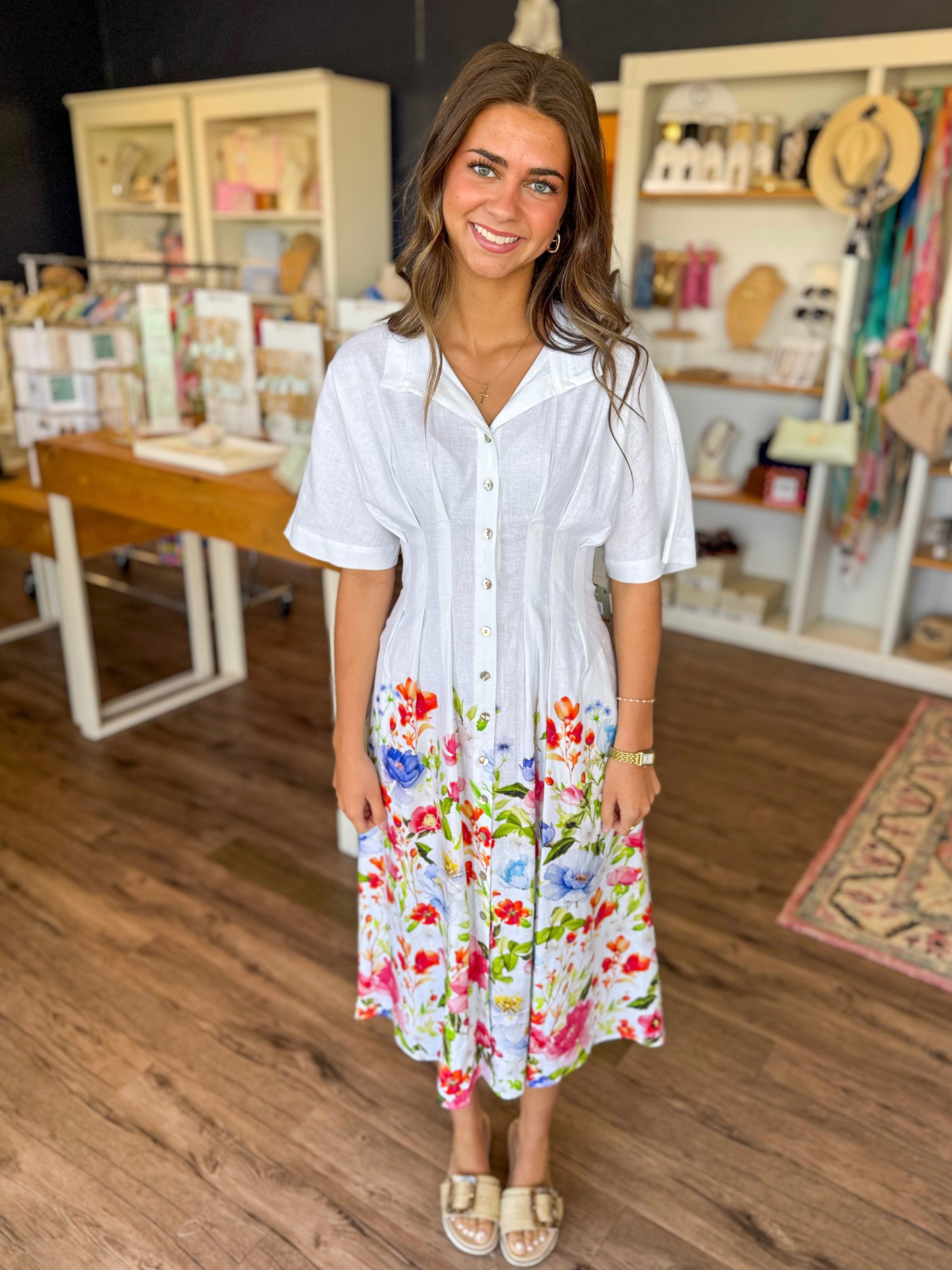 White Linen Floral Garden Dress