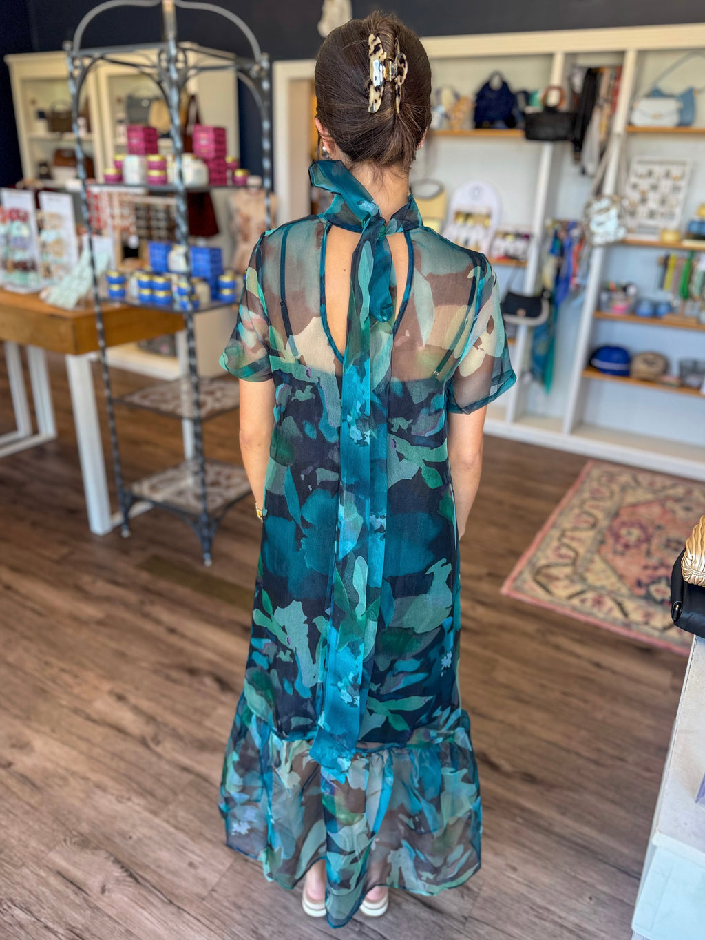 Teal Floral Mesh Maxi Dress