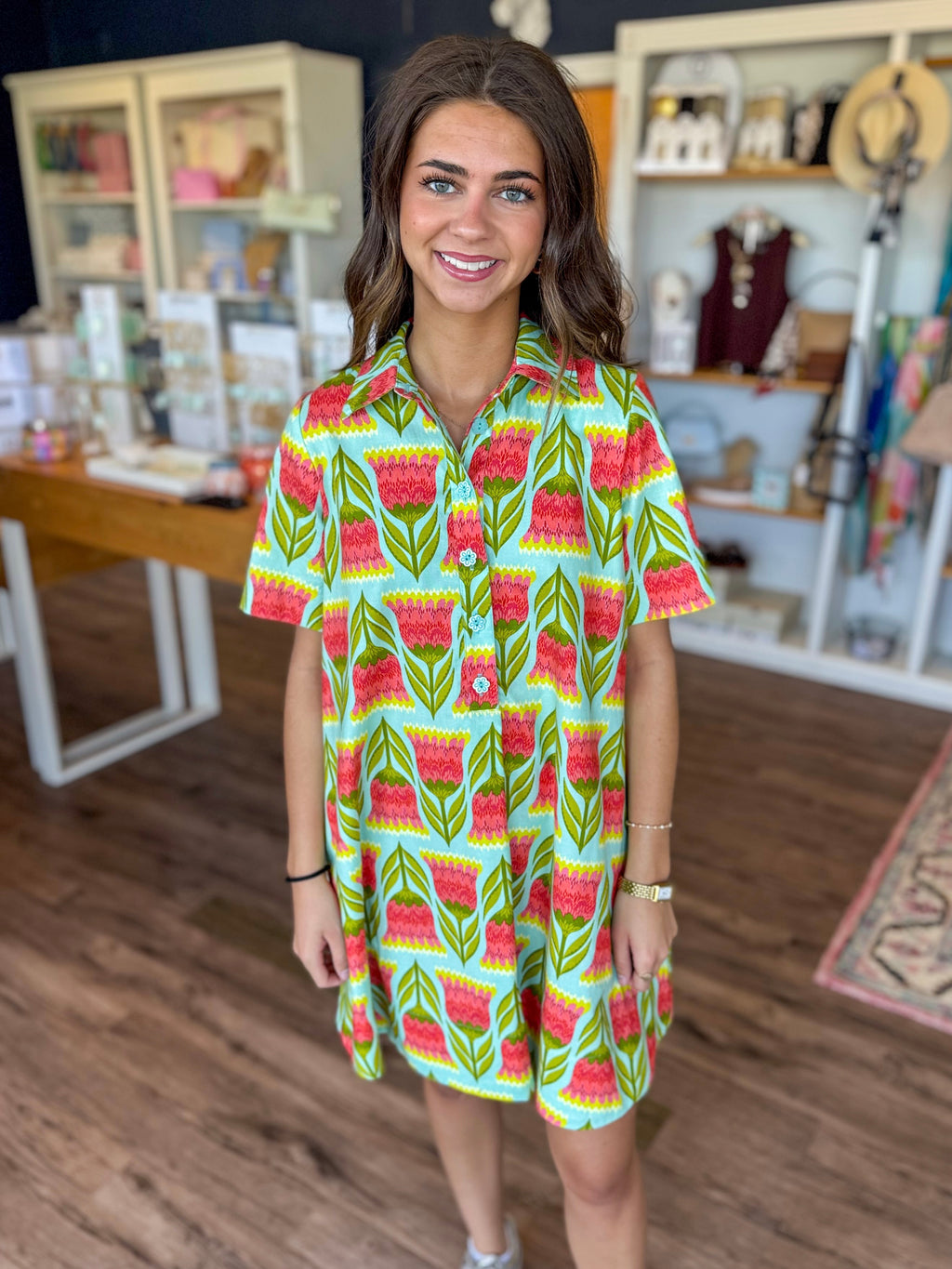 Aqua Blooms Swing Shirt Dress