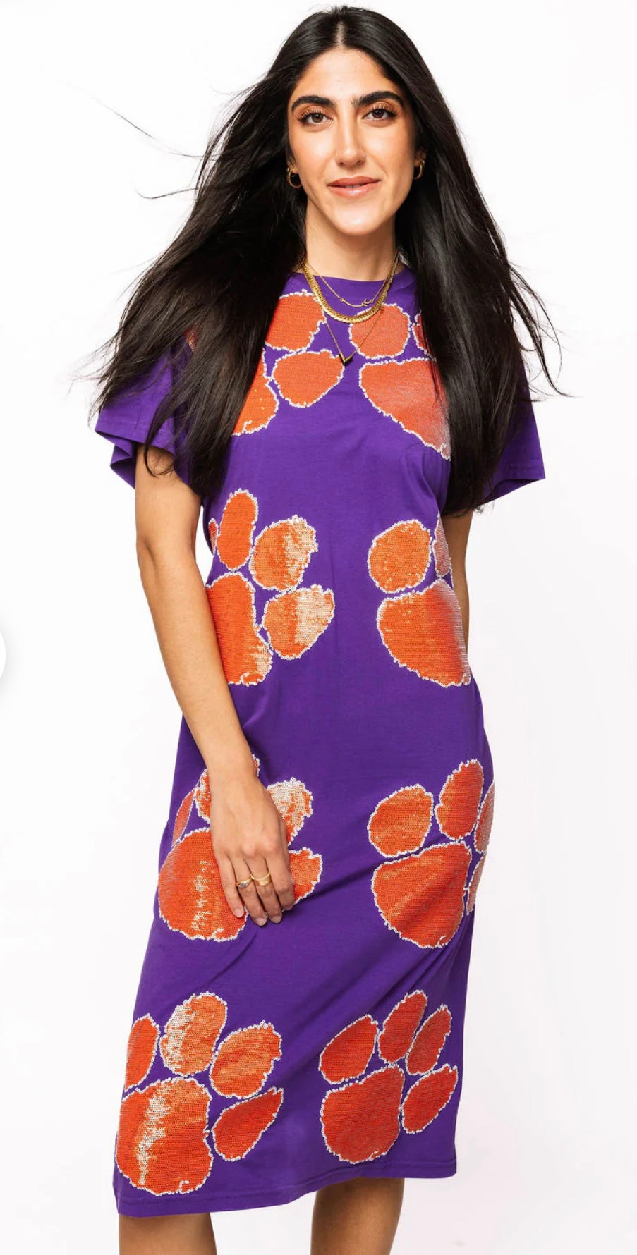 clemson sequin dress Queen Of Sparkles Licensed Clemson Scatered Jewel Denim Sequin Mascot Tank Dress Multi / XS