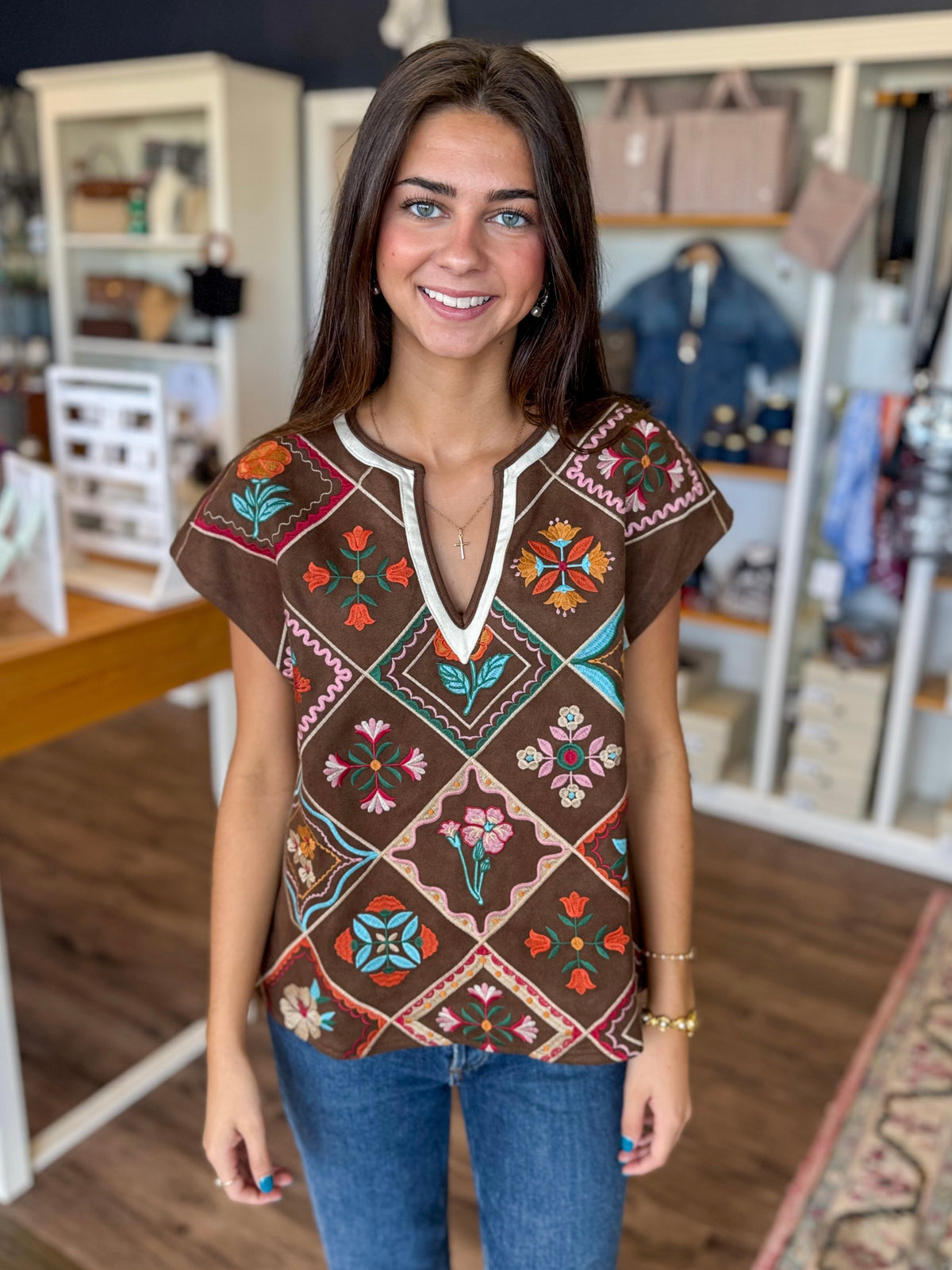 Brown Suede Embroidered Top