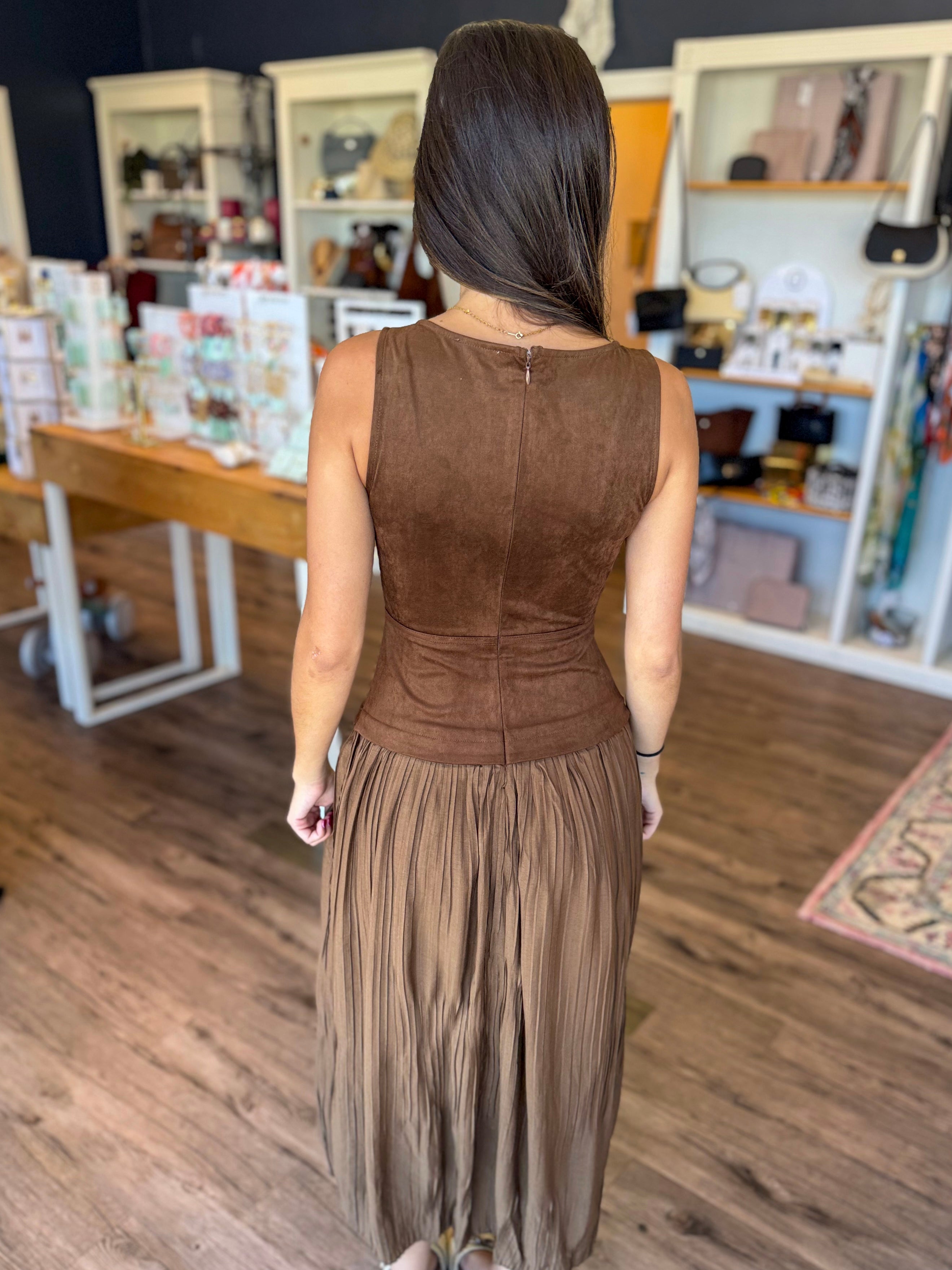 Brown Suede Mix Media Maxi Dress