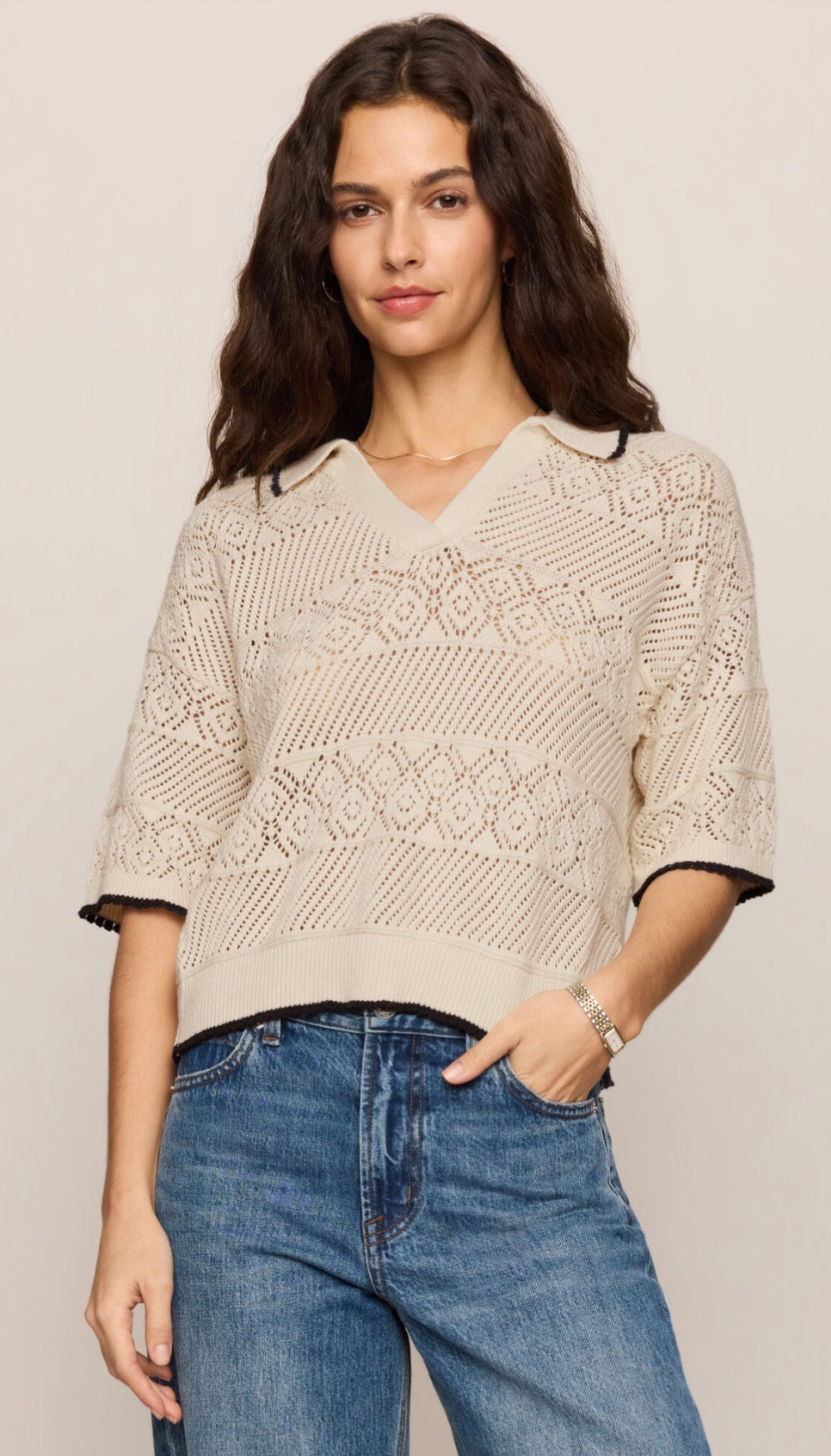 Denman Crochet Polo Sweater