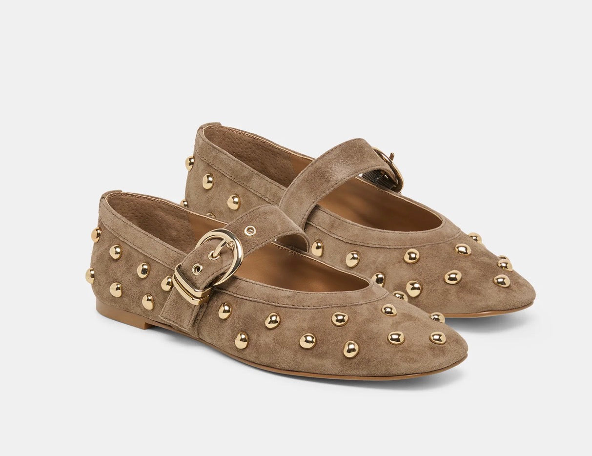 Mikel Studded Olive Suede Flat