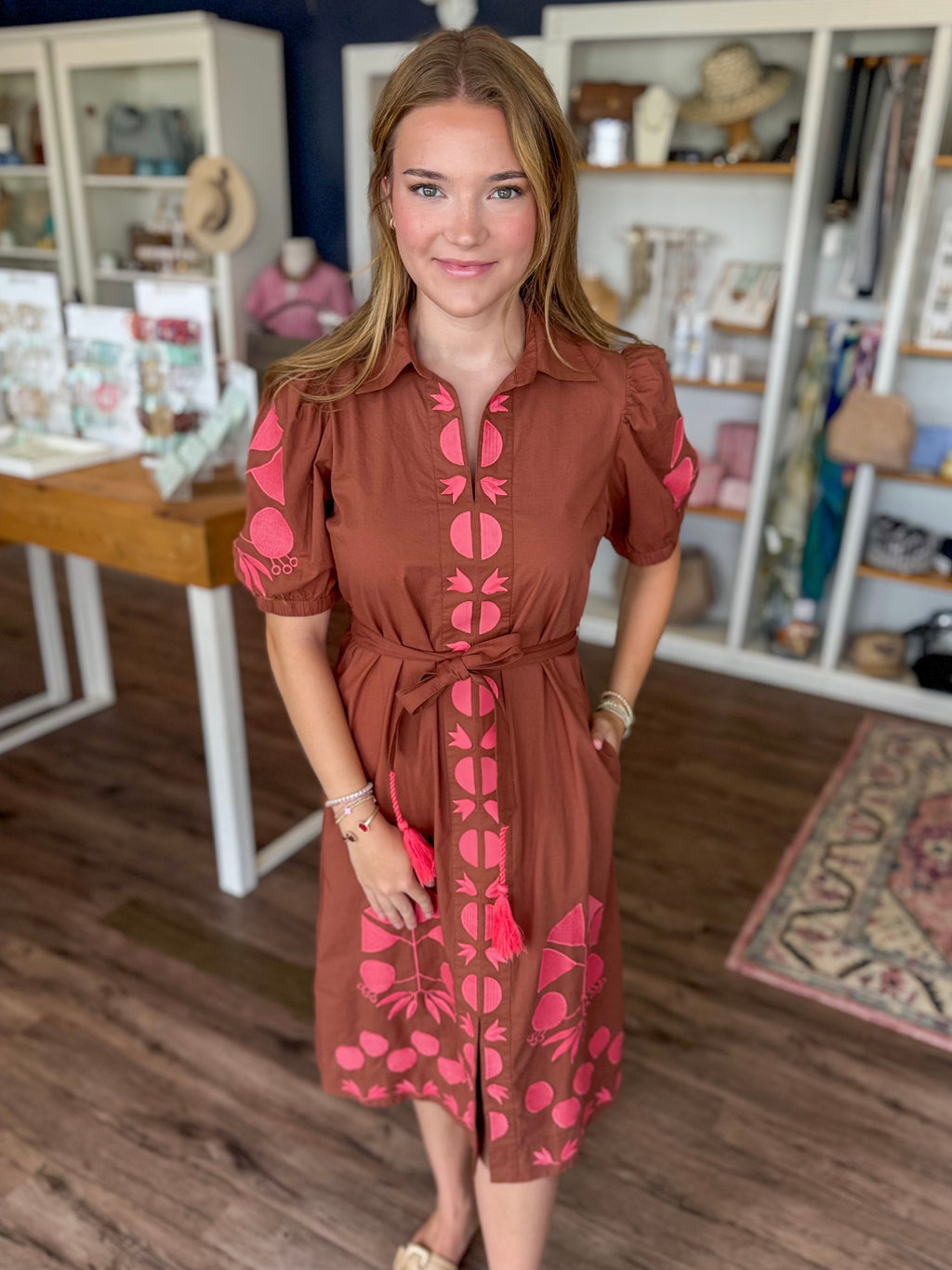 Brown and Pink Placket Embroidered Dress