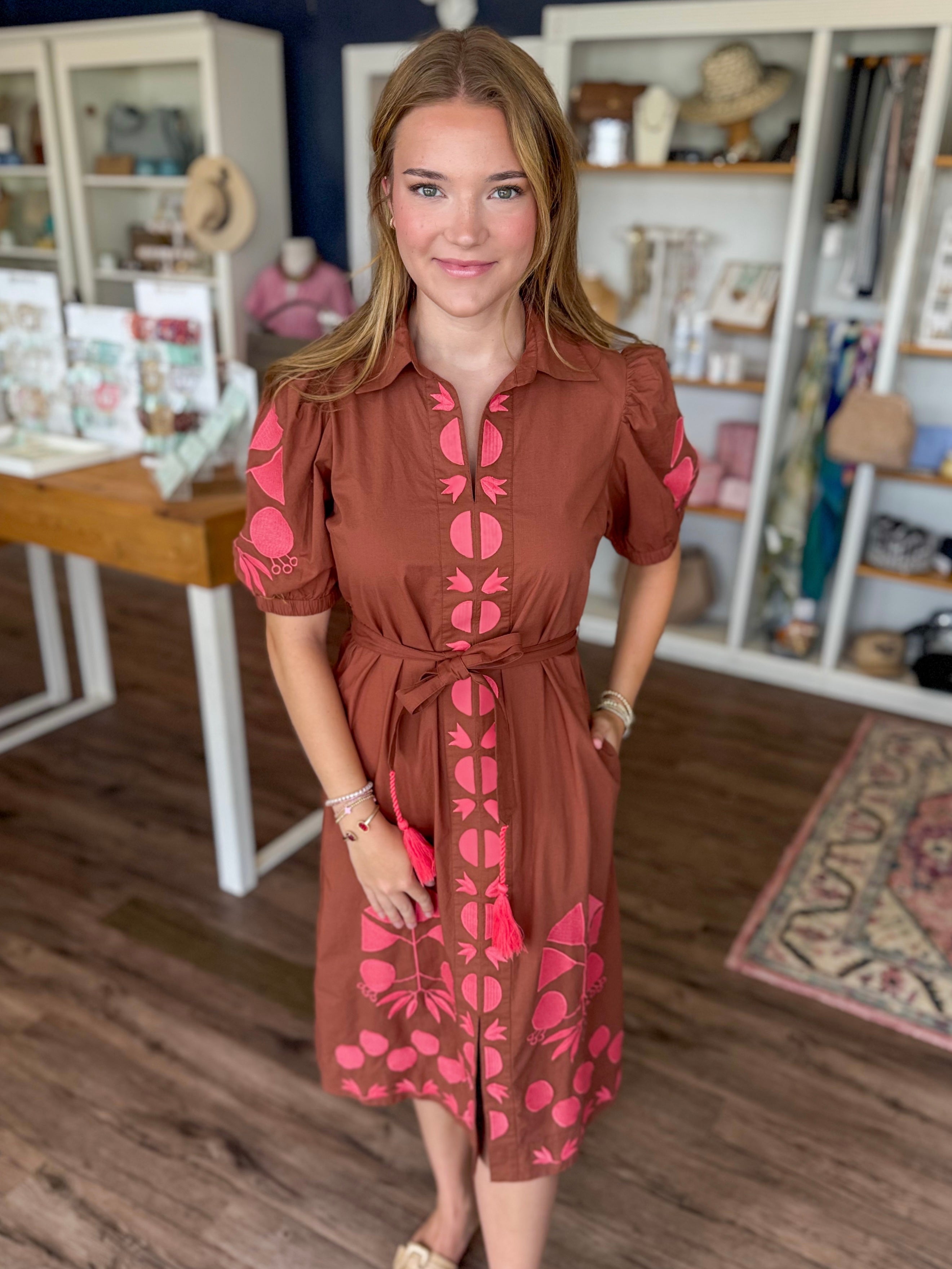 Brown and Pink Placket Embroidered Dress