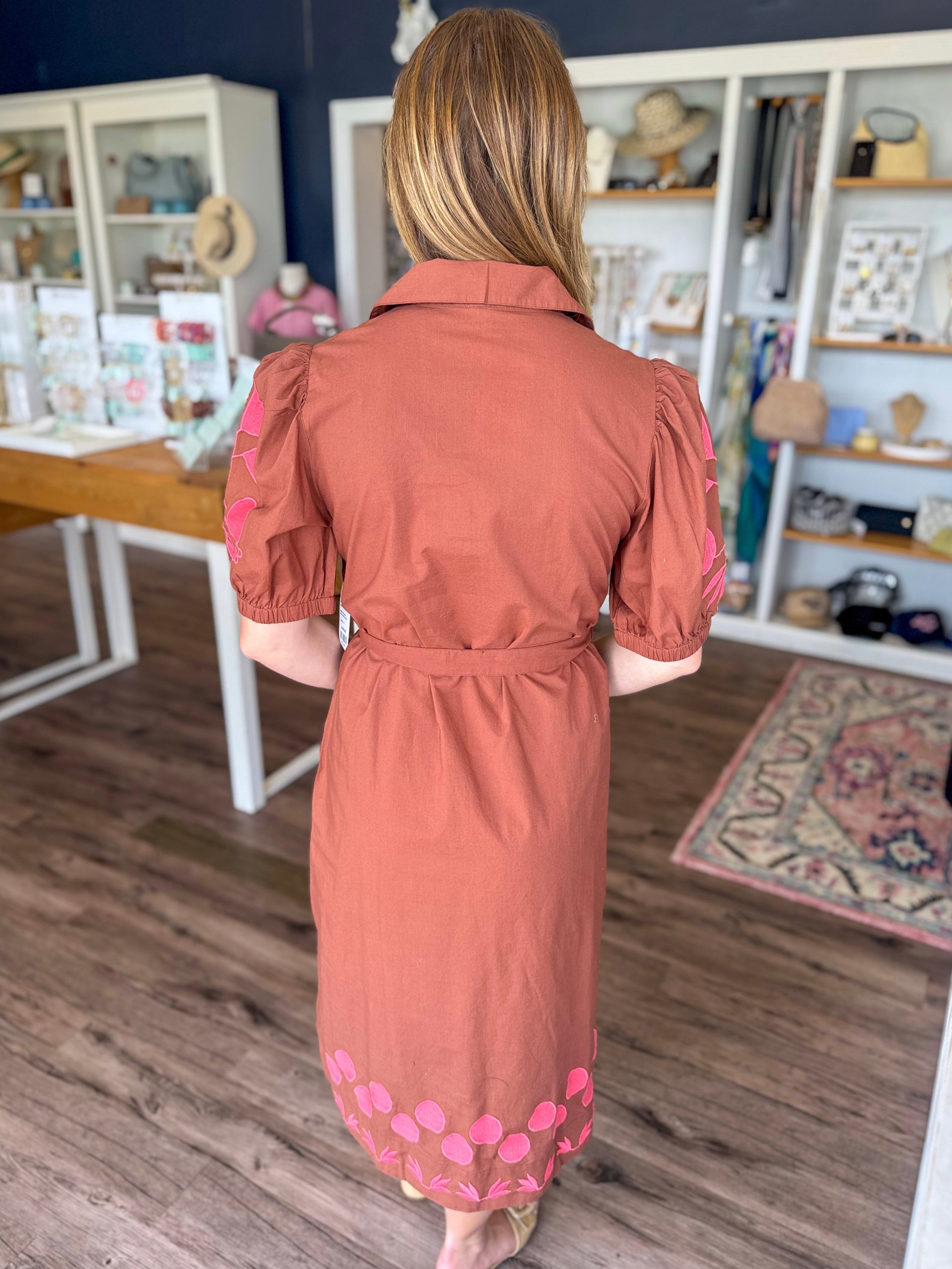 Brown and Pink Placket Embroidered Dress
