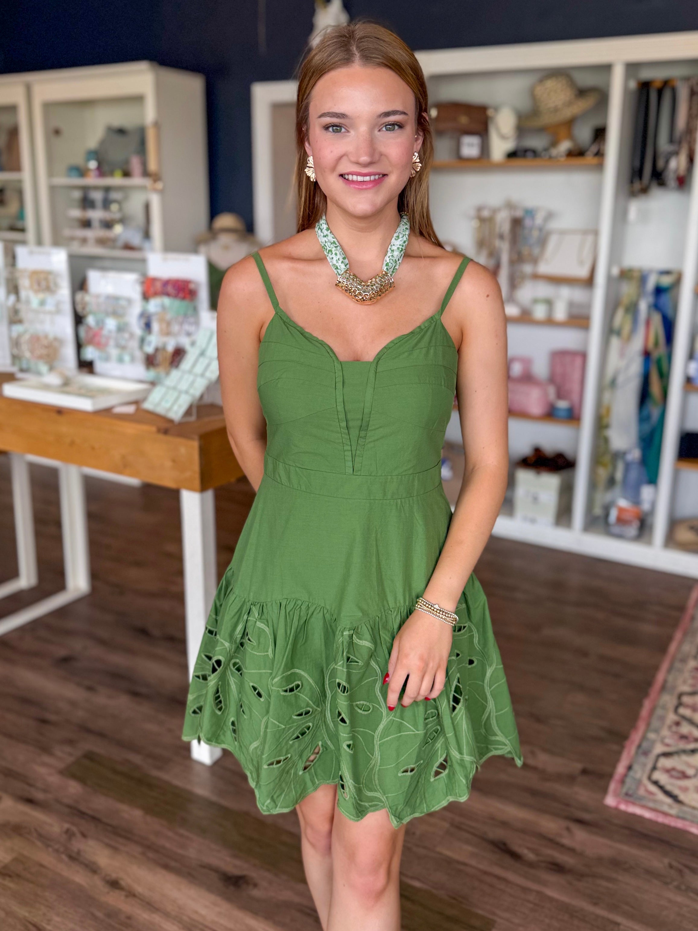 Green Cutwork Mini Dress