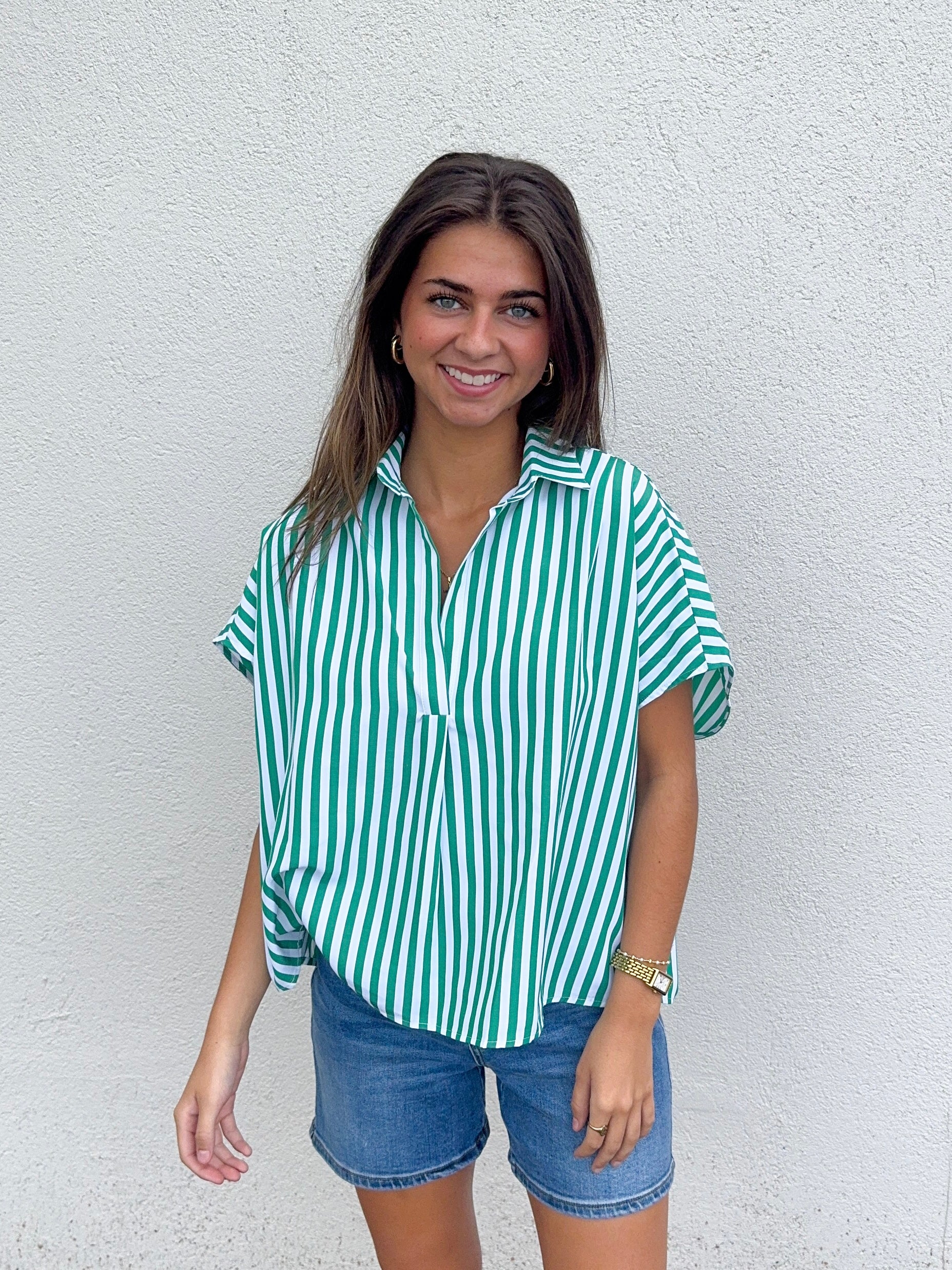 Green Stripe Poplin Top