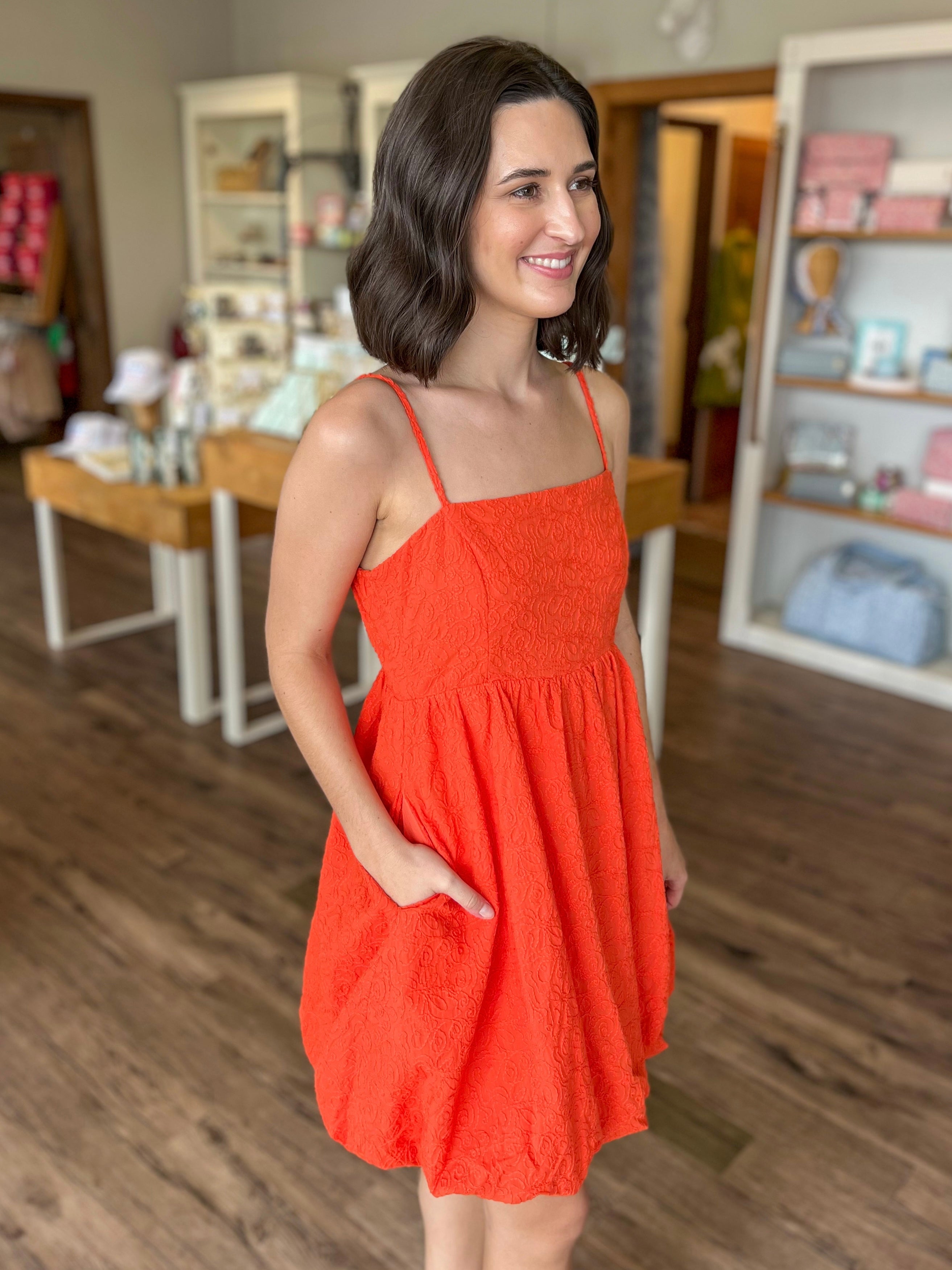 Orange Embroidery Balloon Hem Dress
