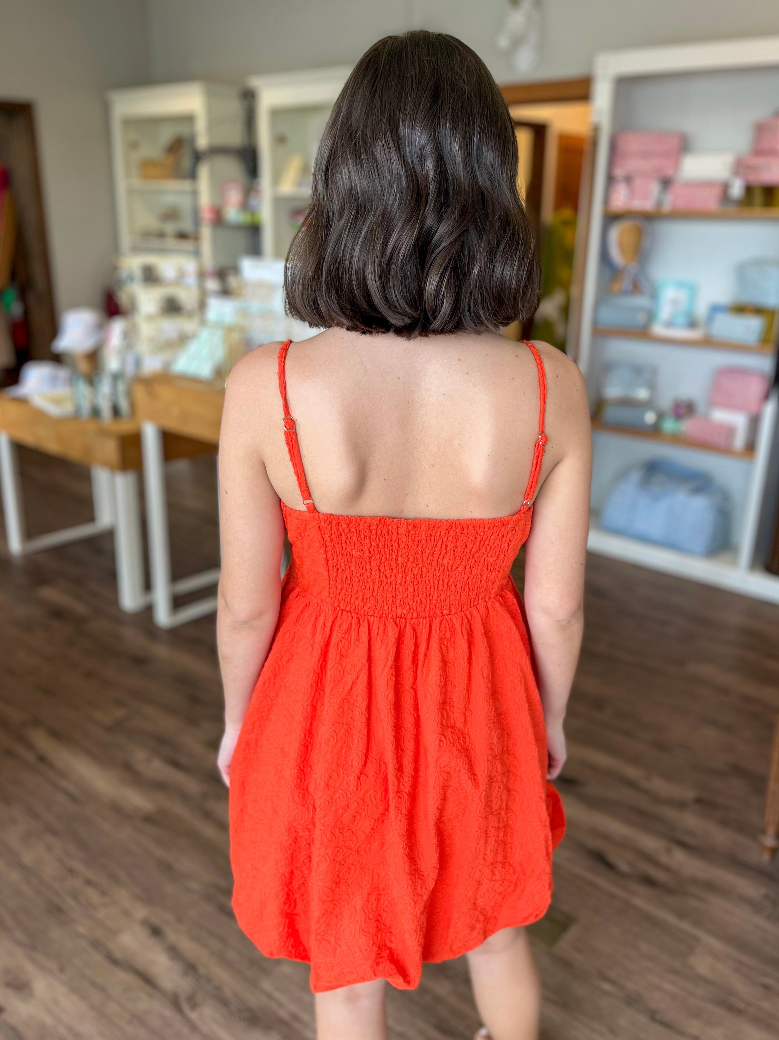 Orange Embroidery Balloon Hem Dress