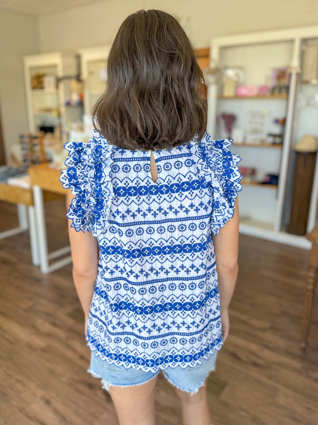 Blue & White Eyelet Top