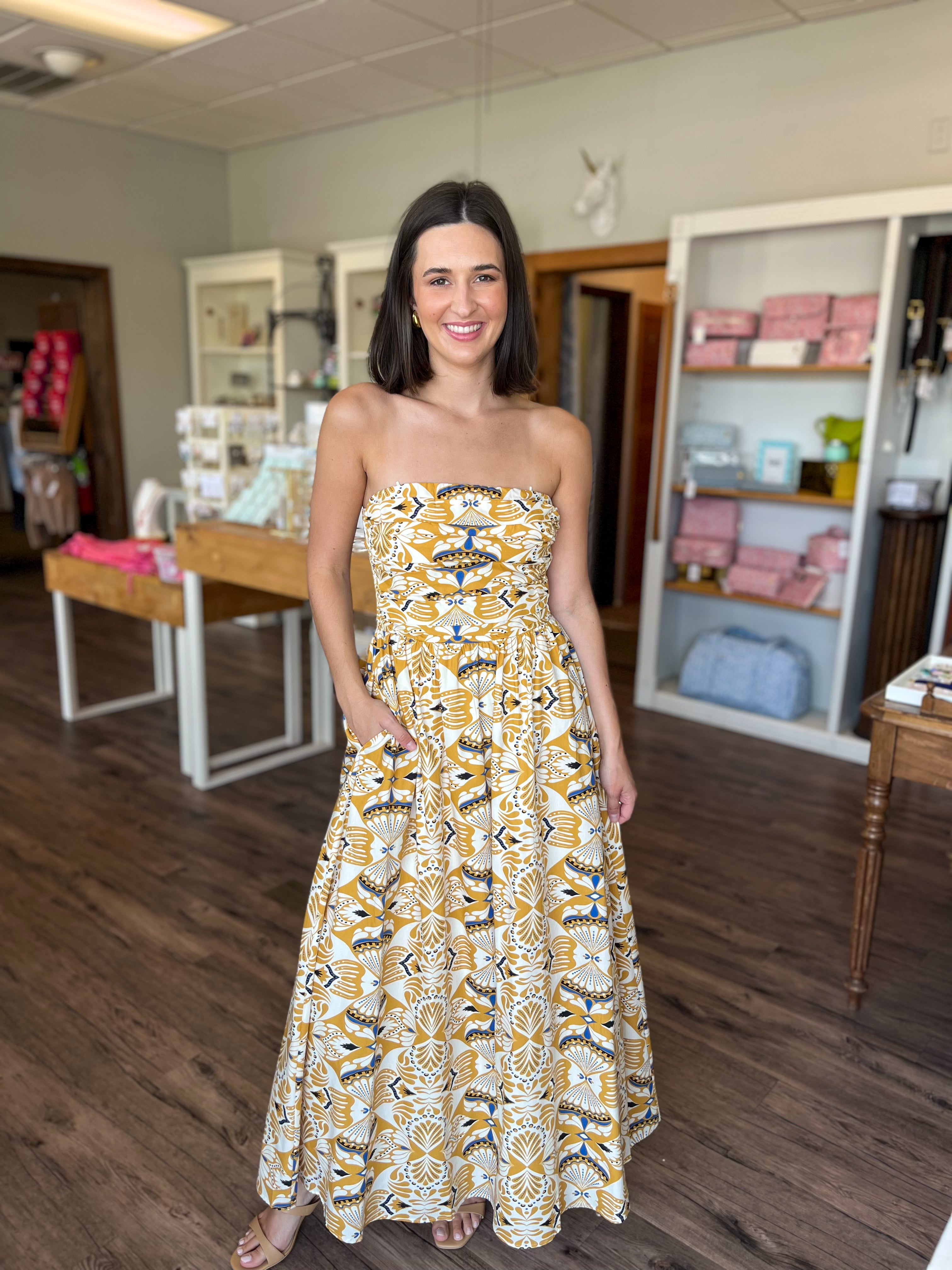 Geo Pattern Strapless Dress